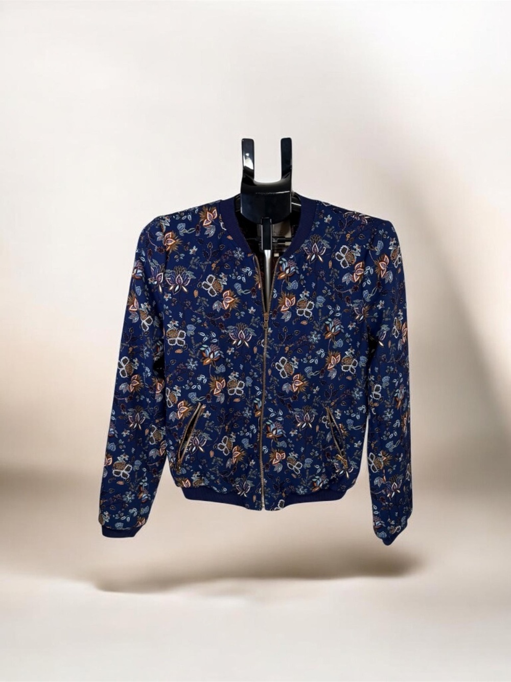 Zara Trafaluc Floral Bomber Jacket Blue Zip Front Size M